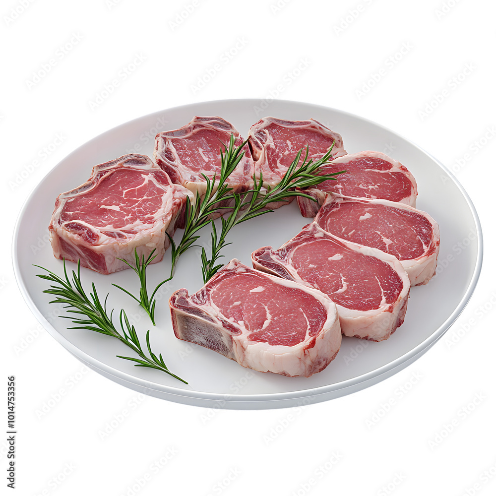 Raw lamb chops with fresh rosemary on white plate Raw lamb chops with fresh rosemary on white plate