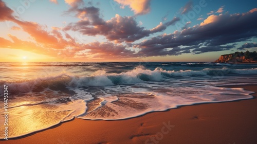 a tranquil beach at sunset, with golden hues reflecting on the calm ocean waters 