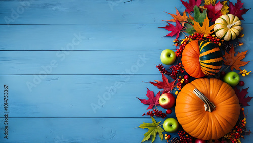  background with pumpkins on blue wooedn background with copy-space, autumn leaves, fall photo