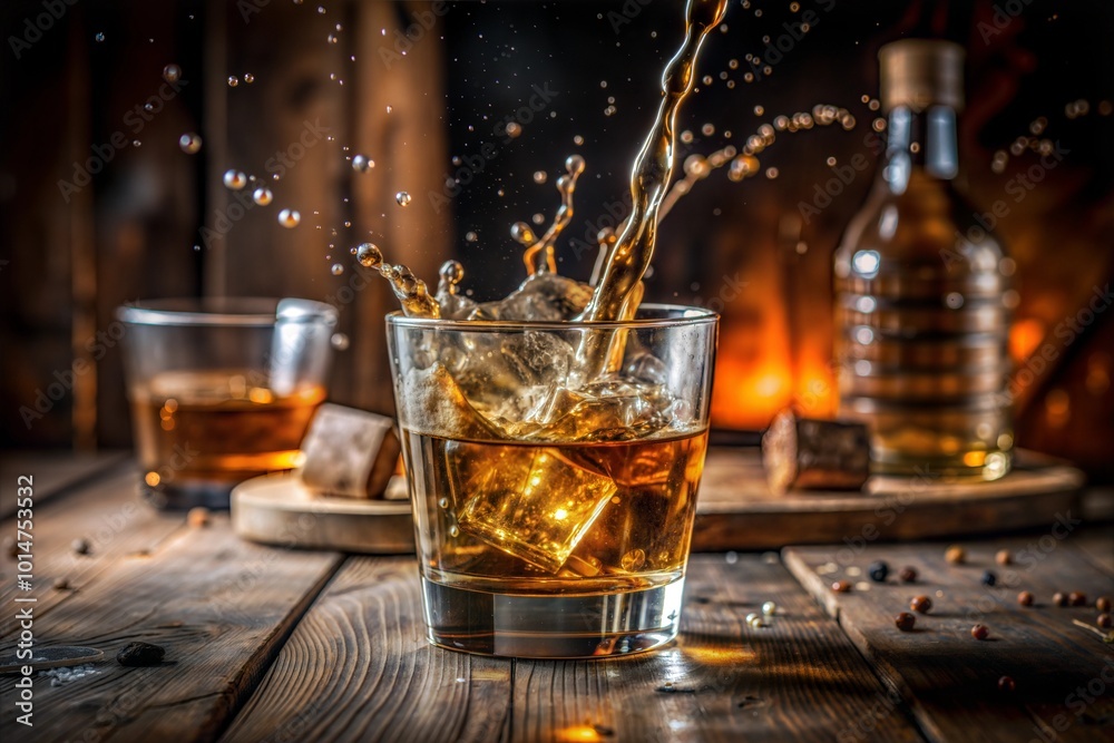 Close-up whiskey splash with ice in rustic setting