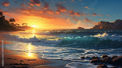 a tranquil beach at sunset, with golden hues reflecting on the calm ocean waters 