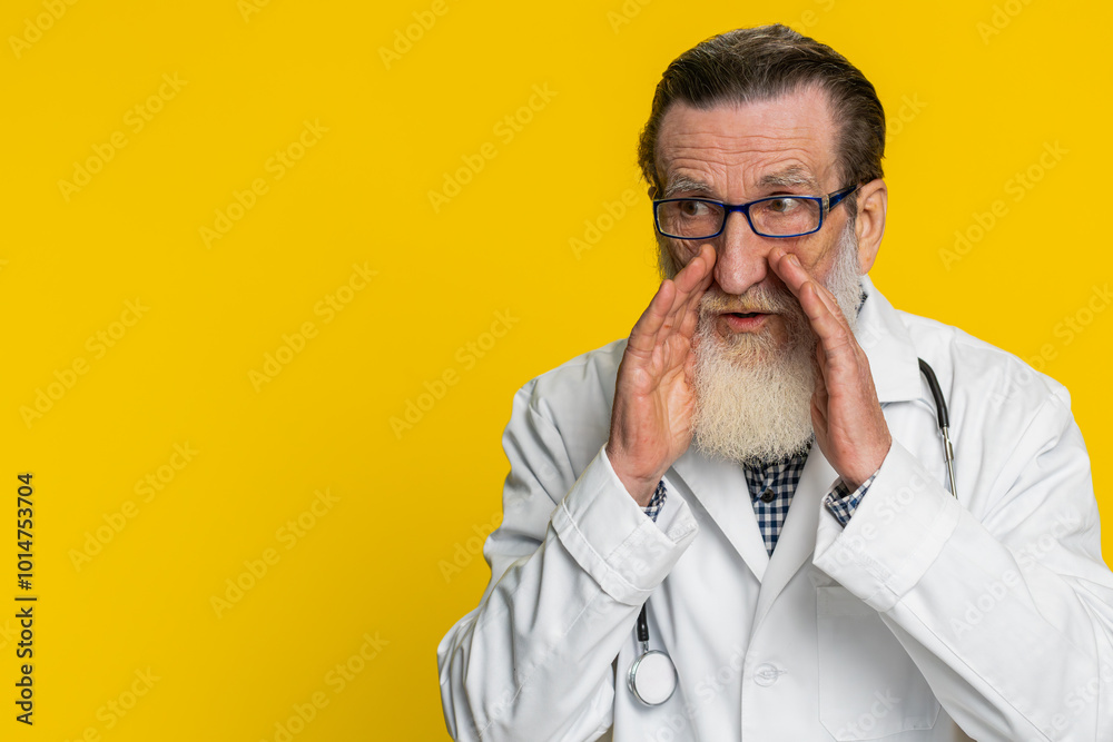 Keep my secrets, silence. Senior elderly doctor cardiologist man whisper news rumors holding hands near mouth, share gossip quiet. Grandfather telling interesting confidential information. Copy-space Keep my secrets, silence. Senior elderly doctor cardiologist man whisper news rumors holding hands near mouth, share gossip quiet. Grandfather telling interesting confidential information. Copy-space