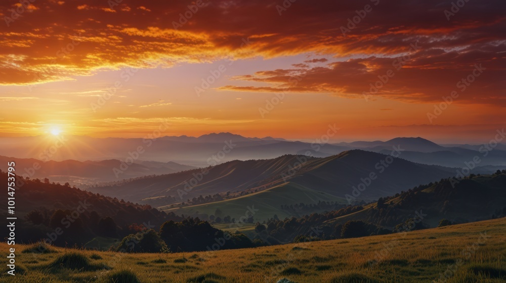 Realistic illustration of a sunrise landscape behind the mountains with beautiful orange light in the sky that is pleasing to the eye Realistic illustration of a sunrise landscape behind the mountains with beautiful orange light in the sky that is pleasing to the eye