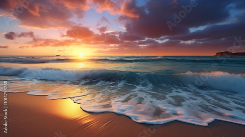 a tranquil beach at sunset, with golden hues reflecting on the calm ocean waters 