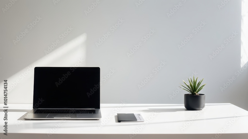 A minimalist workspace featuring a laptop, smartphone, and a potted plant. A minimalist workspace featuring a laptop, smartphone, and a potted plant.