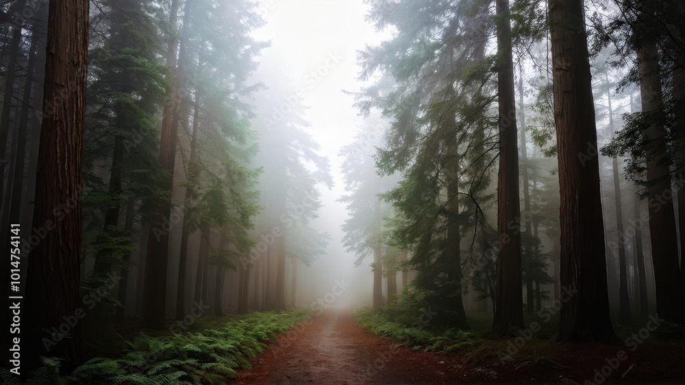 Obraz premium A misty forest path surrounded by tall trees and ferns, creating a serene atmosphere.