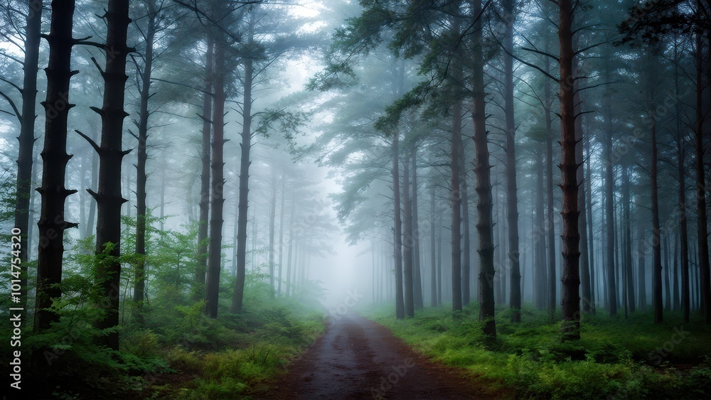 A misty forest path surrounded by tall trees, creating a serene and mysterious atmosphere. A misty forest path surrounded by tall trees, creating a serene and mysterious atmosphere.