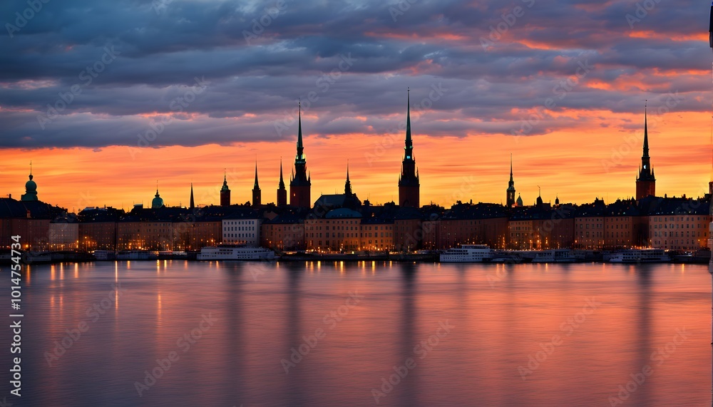 Fototapeta premium Silhouette of the Stockholm skyline with gamla stan framed by a bright blue and orange sunset, Ai Generated