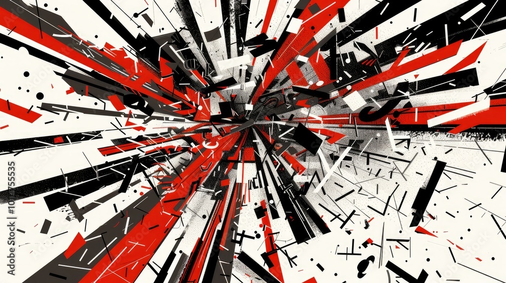 Fototapeta premium a bauhaus illustration in white, black and red of an explosion of content, the content is made by single letters, words and whole sentences flying in all directions