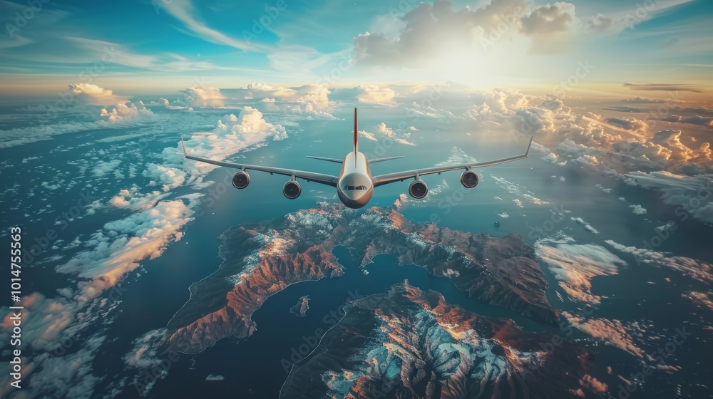 Naklejka premium Airplane flying over a mountain range with a scenic view of clouds and water.