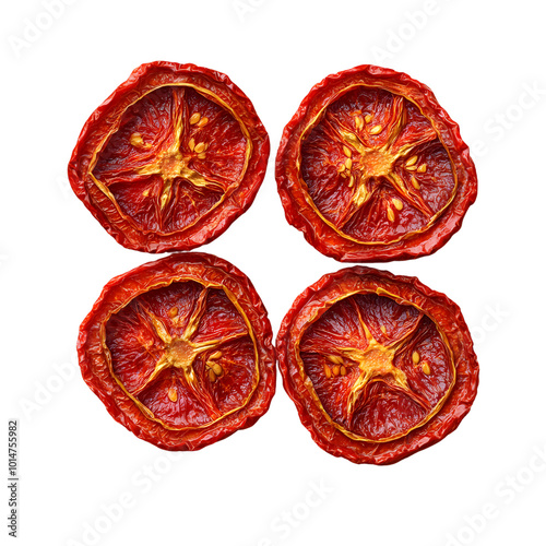 Four sun-dried tomato slices on transparent background showcasing texture and detail photo