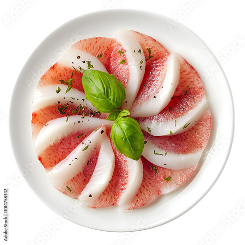 Freshly sliced fish carpaccio with basil garnish on white plate photo