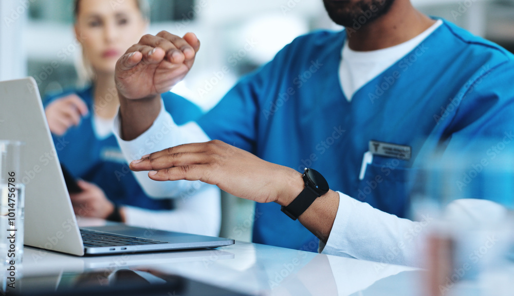 Obraz premium Laptop, discussion and hands of doctors in hospital with research for IRB approval for surgery. Healthcare, tech and medical team in meeting for pharmaceutical science update for treatment in clinic.