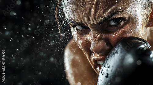 A female boxer in a fierce exchange, sweat glistening on her face as she dodges a punch.


 photo