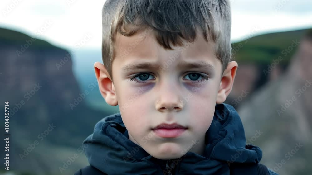 Serious young boy outdoors against natural background Serious young boy outdoors against natural background