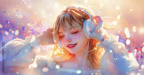 A beautiful girl with blonde hair is smiling and listening to music through headphones, dressed in white