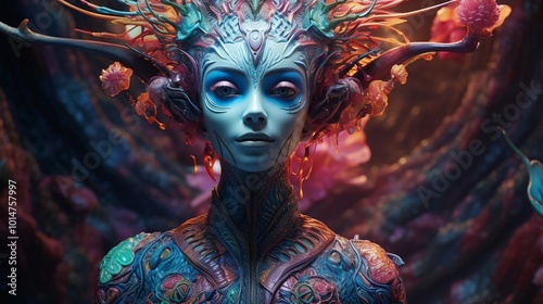 alien being,  unique features, vibrant colors, and a sense of mystery 