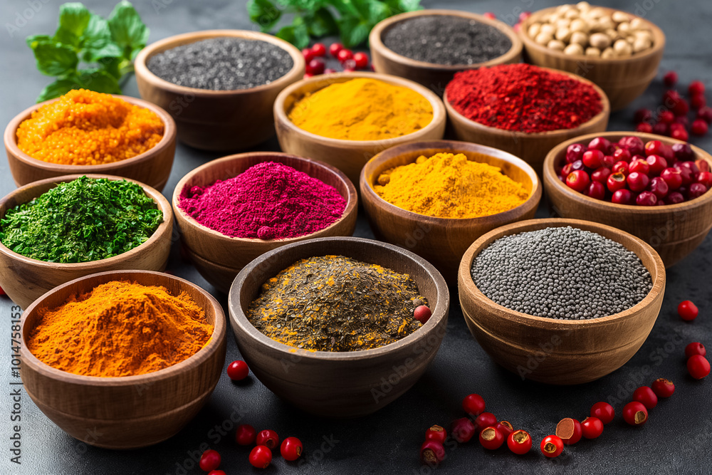Various spices in vibrant colors are showcased in wooden bowls, placed on a dark countertop alongside fresh herbs and red pepperberries. The arrangement is visually appealing Various spices in vibrant colors are showcased in wooden bowls, placed on a dark countertop alongside fresh herbs and red pepperberries. The arrangement is visually appealing
