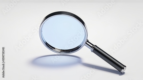 A magnifying glass resting on a smooth surface, highlighting its reflective properties.