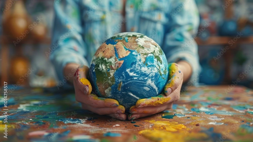 Close-up of a person's hands holding a globe painted with colorful paint, with paint splattered on the table and their shirt. Close-up of a person's hands holding a globe painted with colorful paint, with paint splattered on the table and their shirt.