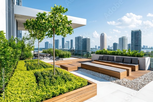 Contemporary rooftop garden in Miami with sleek wooden seating and decorative greenery, urban skyline view photo