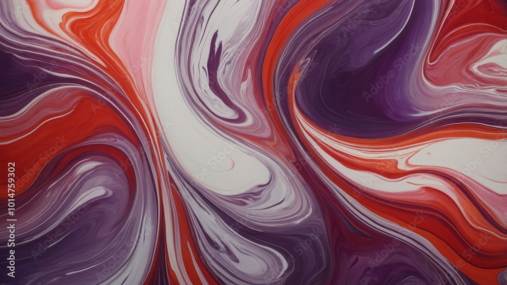Dynamic swirls of vivid red and purple colors merge elegantly in an abstract fluid art piece on canvas. Dynamic swirls of vivid red and purple colors merge elegantly in an abstract fluid art piece on canvas.