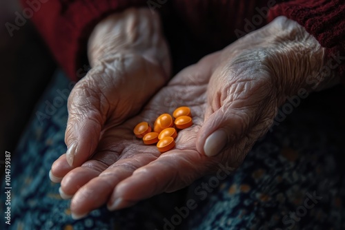 A close-up of a senior hand extended with pills, showing trust and care in a simple gesture