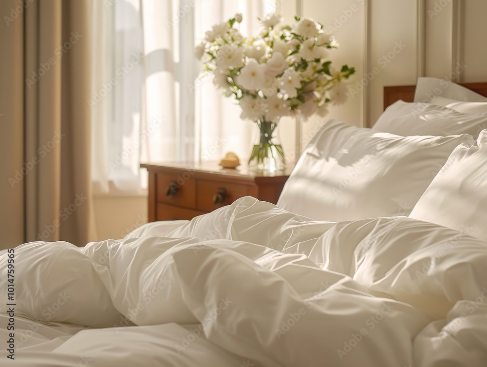 Naklejka premium Sunlit Bedroom with Crisp White Bedding