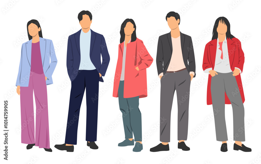 Set of young men and women , different colors, cartoon character, group of silhouettes of standing business people, students, design concept of flat icon, isolated on white background Set of young men and women , different colors, cartoon character, group of silhouettes of standing business people, students, design concept of flat icon, isolated on white background