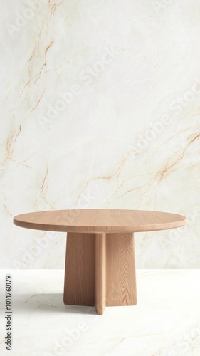 table mockup - Empty minimalist wooden table, light white marble background for product display - Showcase