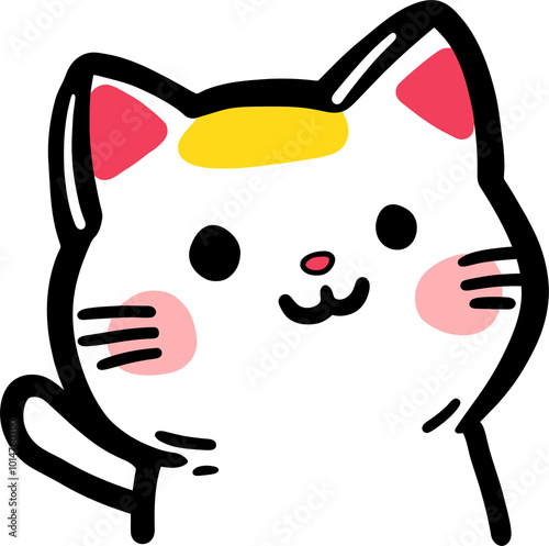 Cute Illustrated Cat with Pink Paws, Red Ears, and Yellow Spot on Forehead photo