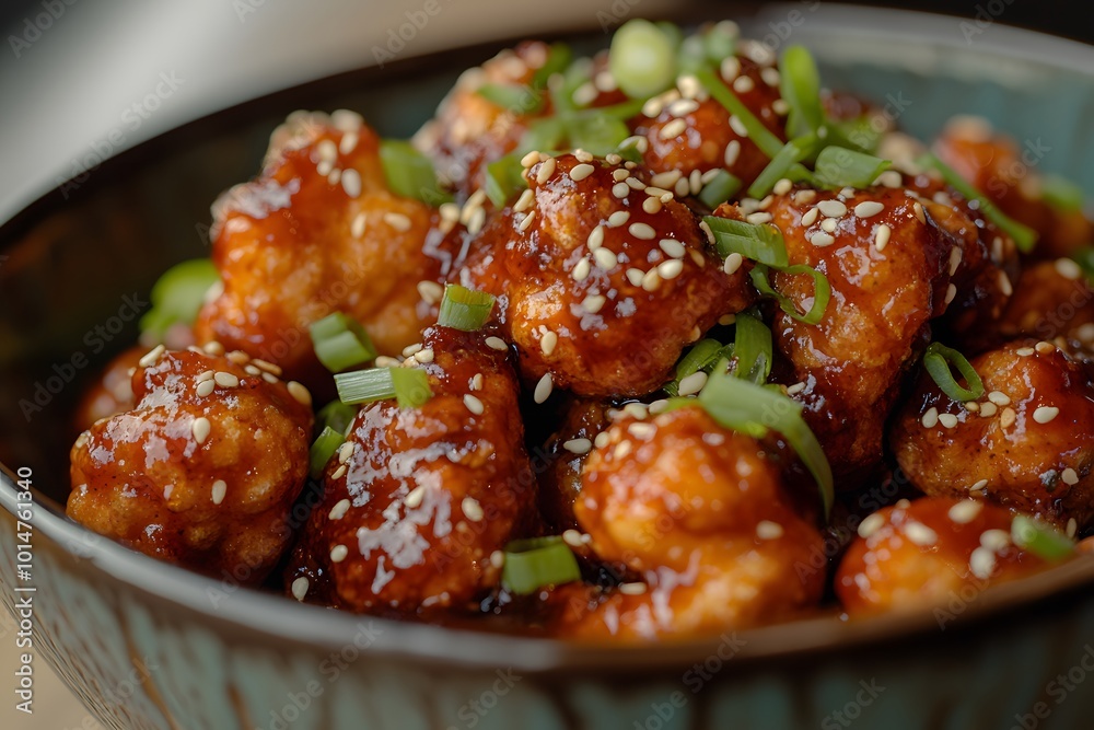 Closeup of a bowl of crispy, sweet and savory cauliflower bites. Closeup of a bowl of crispy, sweet and savory cauliflower bites.