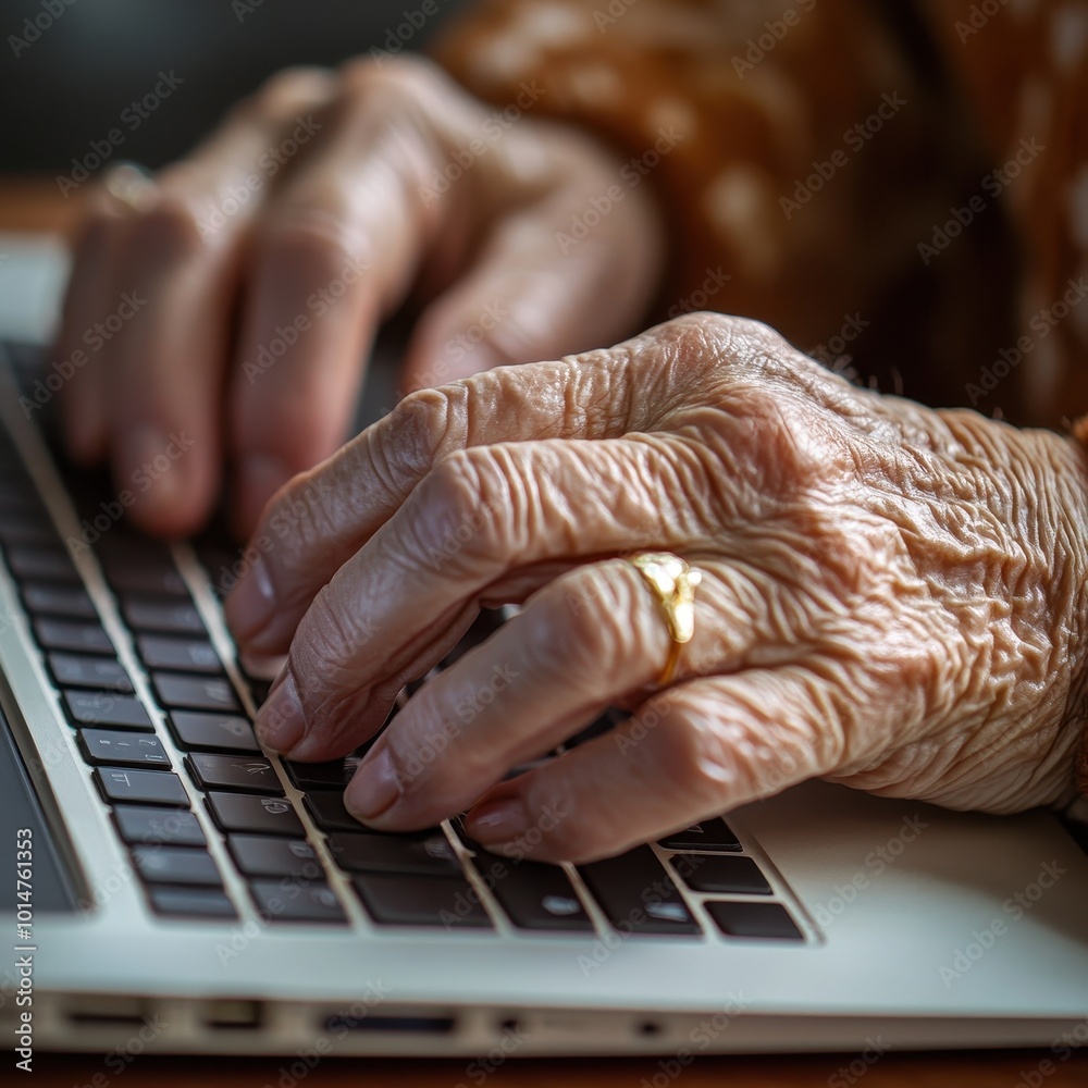 Fototapeta premium A close-up of senior hands typing on a laptop, showcasing seniors confidently using modern technology