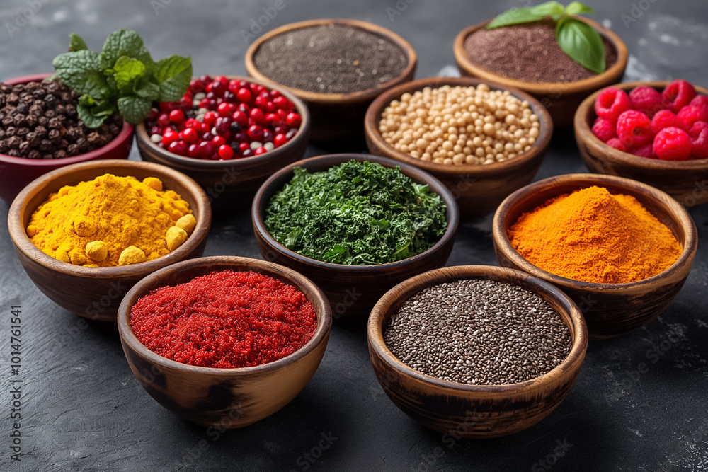 A diverse collection of spices and herbs arranged in wooden bowls, featuring vibrant colors such as red, yellow, and green on a dark countertop, perfect for culinary exploration A diverse collection of spices and herbs arranged in wooden bowls, featuring vibrant colors such as red, yellow, and green on a dark countertop, perfect for culinary exploration
