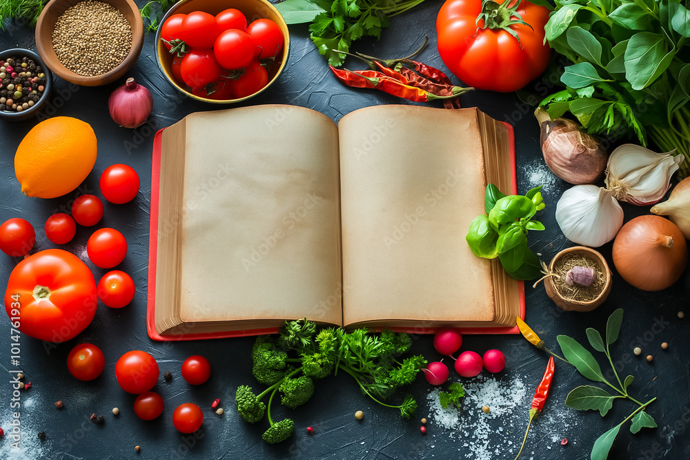 An open recipe book lies on a dark countertop, surrounded by fresh vegetables, herbs, and spices, creating a vibrant and inviting atmosphere for cooking An open recipe book lies on a dark countertop, surrounded by fresh vegetables, herbs, and spices, creating a vibrant and inviting atmosphere for cooking