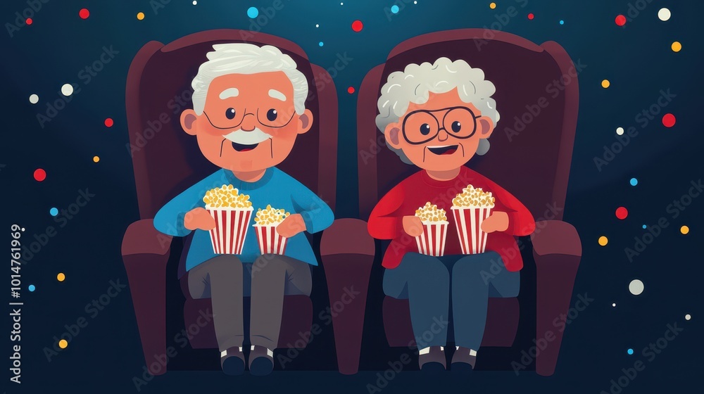 A fun moment of an elderly couple enjoying popcorn and drinks in a cozy cinema, waiting for the movie to start A fun moment of an elderly couple enjoying popcorn and drinks in a cozy cinema, waiting for the movie to start