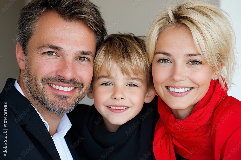 Man and a boy are standing in front of a woman. The man is wearing a white shirt and the boy is wearing a black shirt. happy family on Christmas Man and a boy are standing in front of a woman. The man is wearing a white shirt and the boy is wearing a black shirt. happy family on Christmas