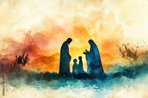 Holy Family Nativity Scene in Minimalist Digital Watercolor Art,  photo