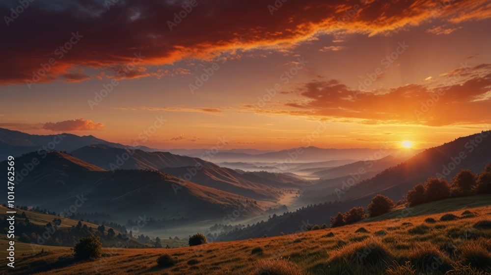 Realistic illustration of a sunrise landscape behind the mountains with beautiful orange light in the sky that is pleasing to the eye Realistic illustration of a sunrise landscape behind the mountains with beautiful orange light in the sky that is pleasing to the eye