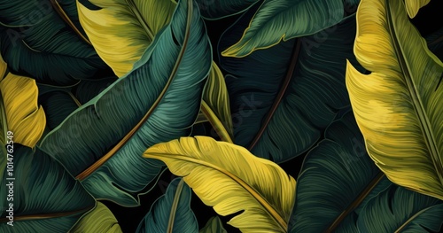 A beautiful color seamless pattern of golden banana leaves and tropical foliage on a black background