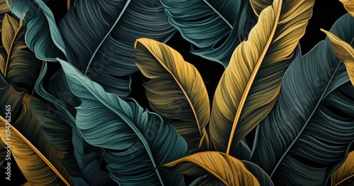 A beautiful color seamless pattern of golden banana leaves and tropical foliage on a black background
