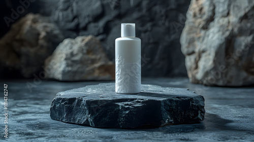 Minimalist gray mockup featuring a sleek white shampoo bottle with a silver cap, set against a neutral background, perfect for showcasing clean, modern packaging design. This professional mockup empha photo