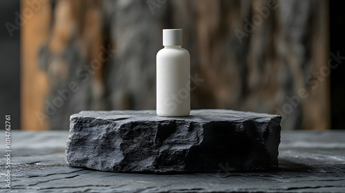 Minimalist gray mockup featuring a sleek white shampoo bottle with a silver cap, set against a neutral background, perfect for showcasing clean, modern packaging design. This professional mockup empha photo