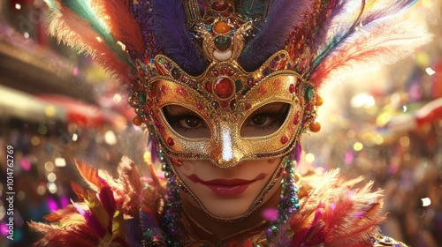 A vibrant carnival scene featuring a person in an ornate mask adorned with feathers and jewels.