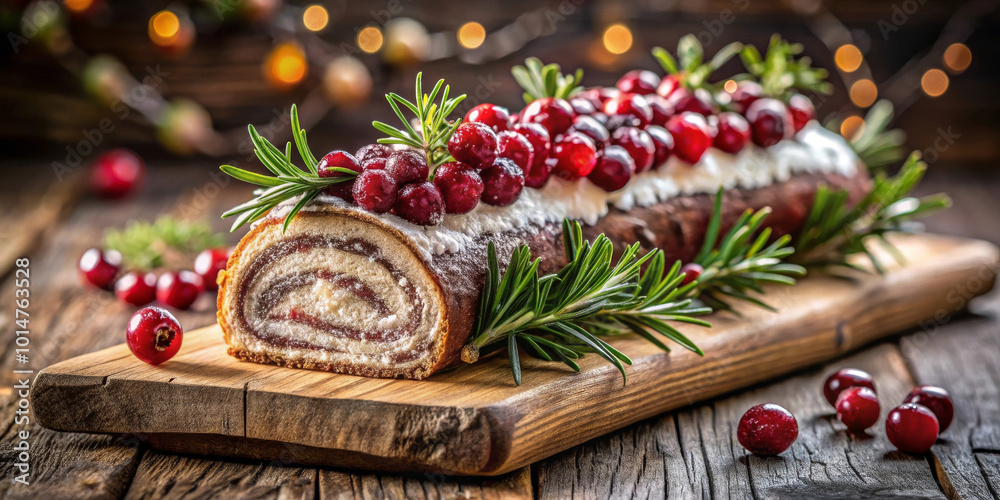Christmas Yule Log with Cranberry and Rosemary Garnish