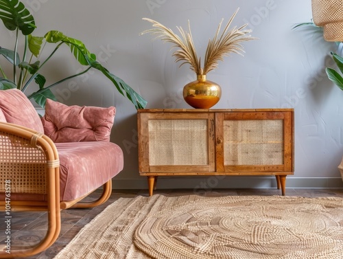 Cozy Living Room Interior Design with Pink Couch and Wooden Cabinet