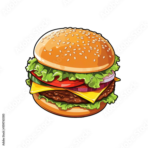 Burger menu design, restaurant marketing, food blog, recipe book: sesame seed bun, lettuce, tomato, cheese, patty, onion. Generative AI