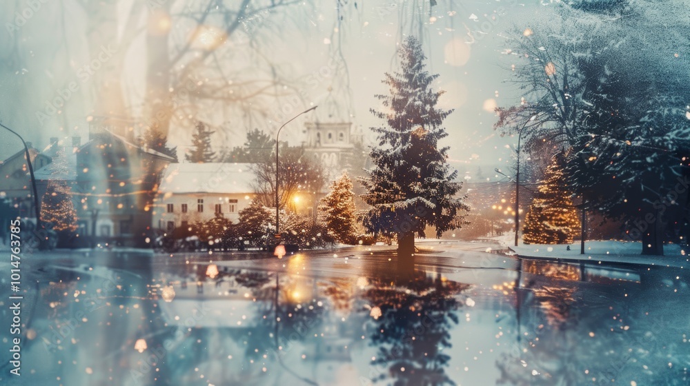 Fototapeta premium A snowy scene with a Christmas tree in the foreground