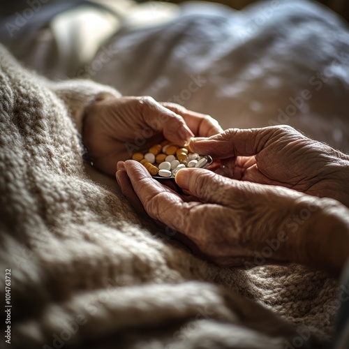 A senior hand carefully giving pills, the moment filled with patience and care in a softly lit room photo