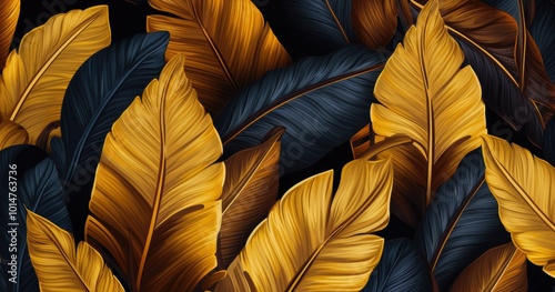 A beautiful color seamless pattern of golden banana leaves and tropical foliage on a black background